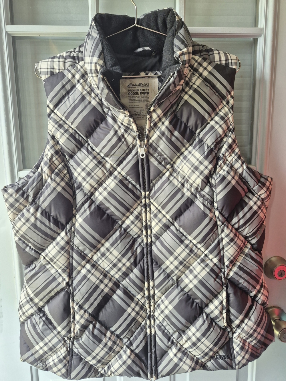 Eddie Bauer Black & Cream Plaid Quilted Goose Down Vest